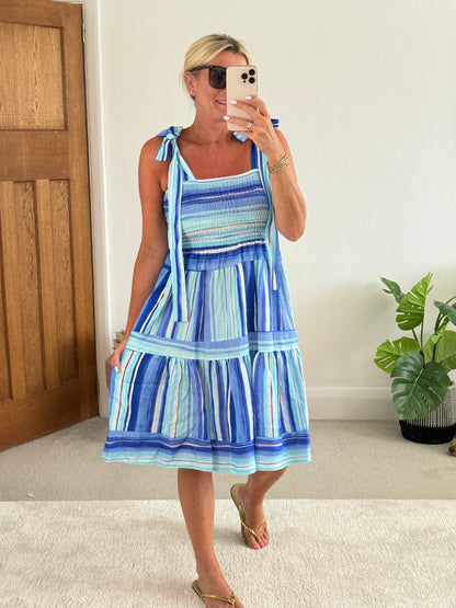 Turquoise Striped Shirred Dress