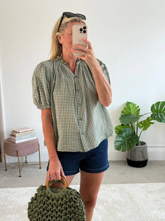 Khaki Gingham Puff Sleeve Blouse