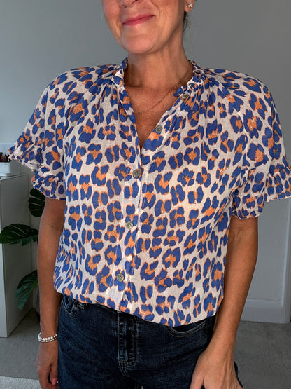 Cobalt/Orange Leopard Frill Sleeve Blouse