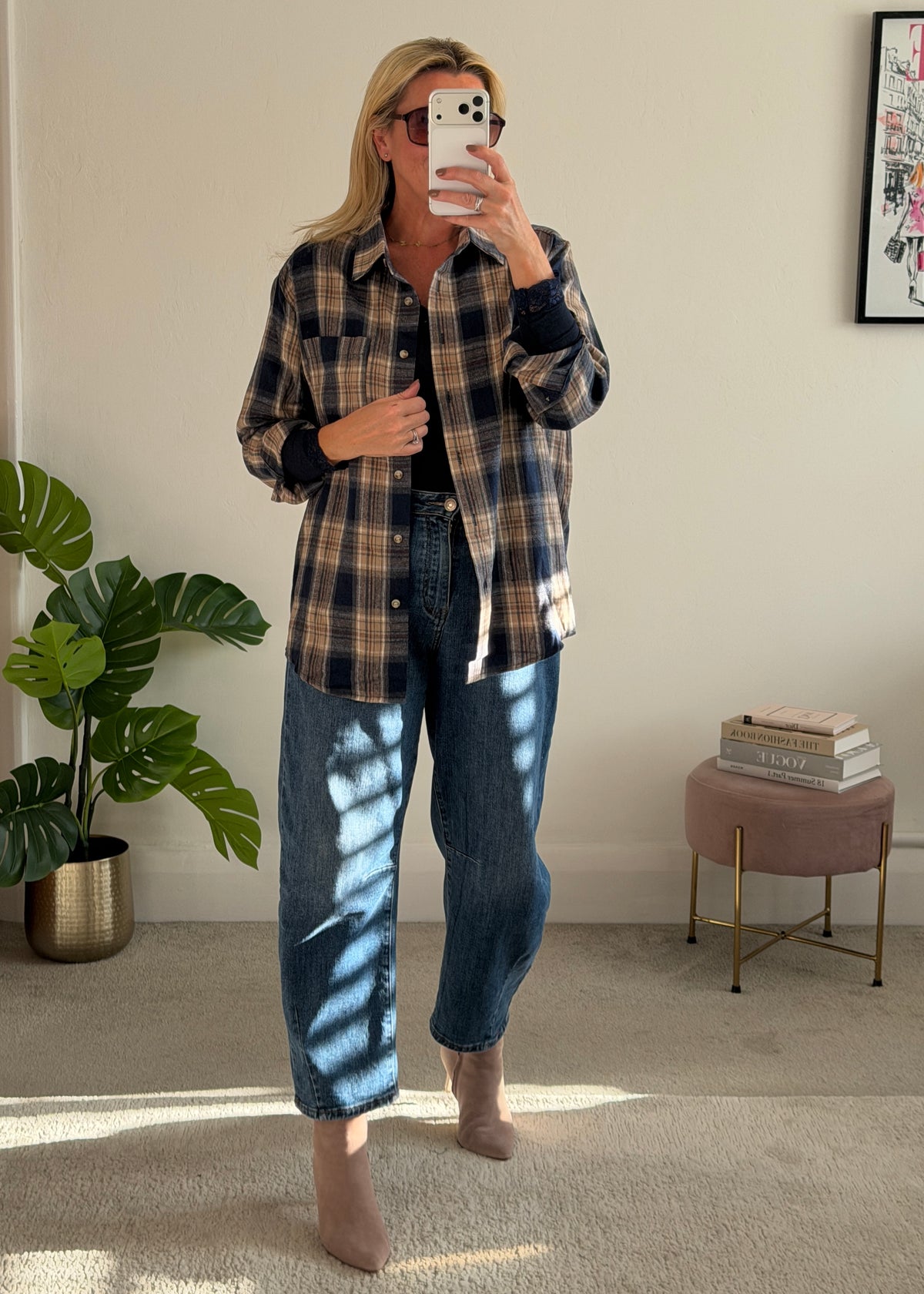 Navy Check Brushed Cotton Blend Shirt