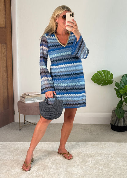 Blue Wavy Crochet Shift Dress