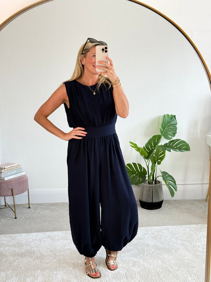 Navy Elasticated Sleeveless Harem Jumpsuit