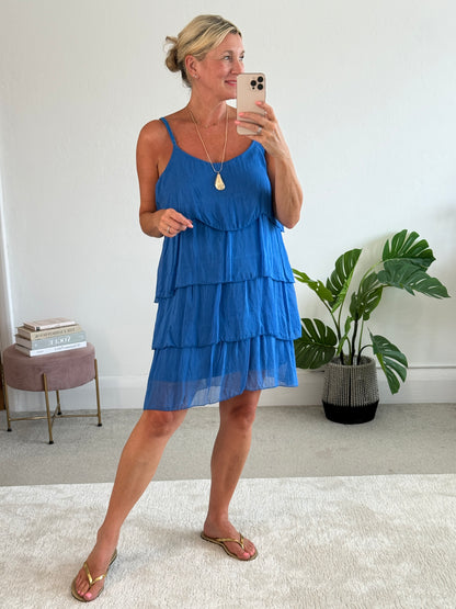Cobalt Silk Mix Strappy Frill Dress