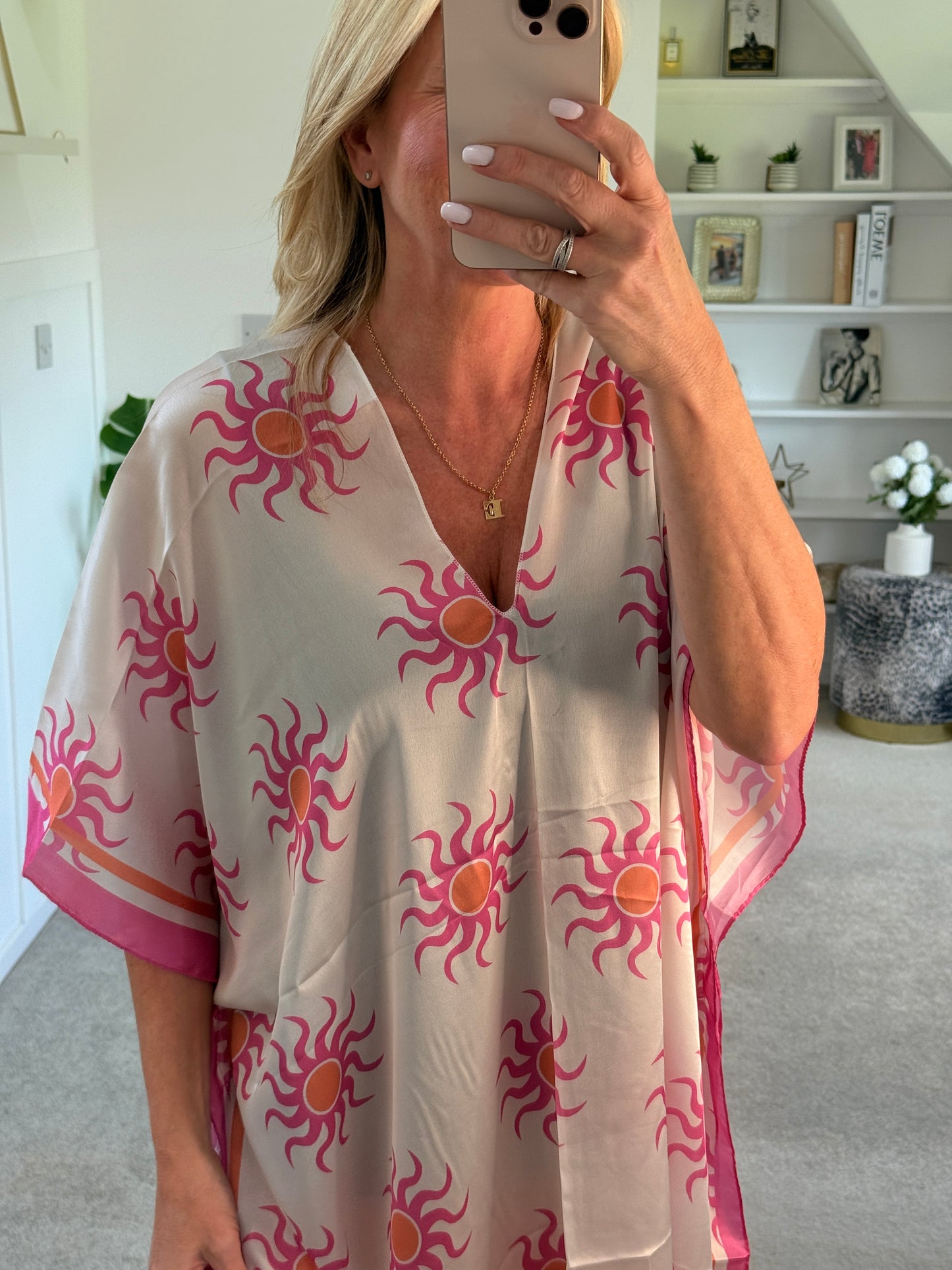 Off White/Pink Sun Print Floaty Kaftan Dress