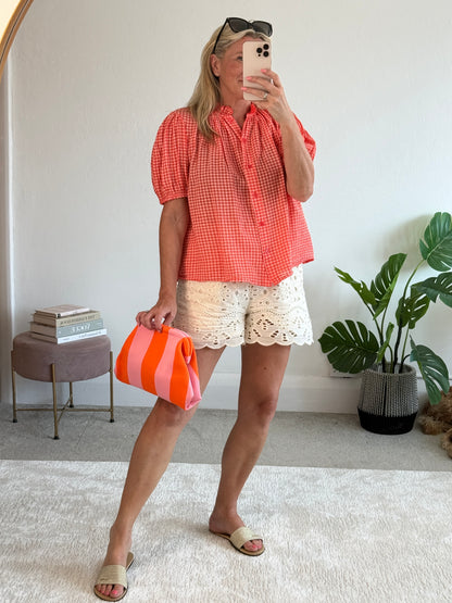 Coral Gingham Puff Sleeve Blouse
