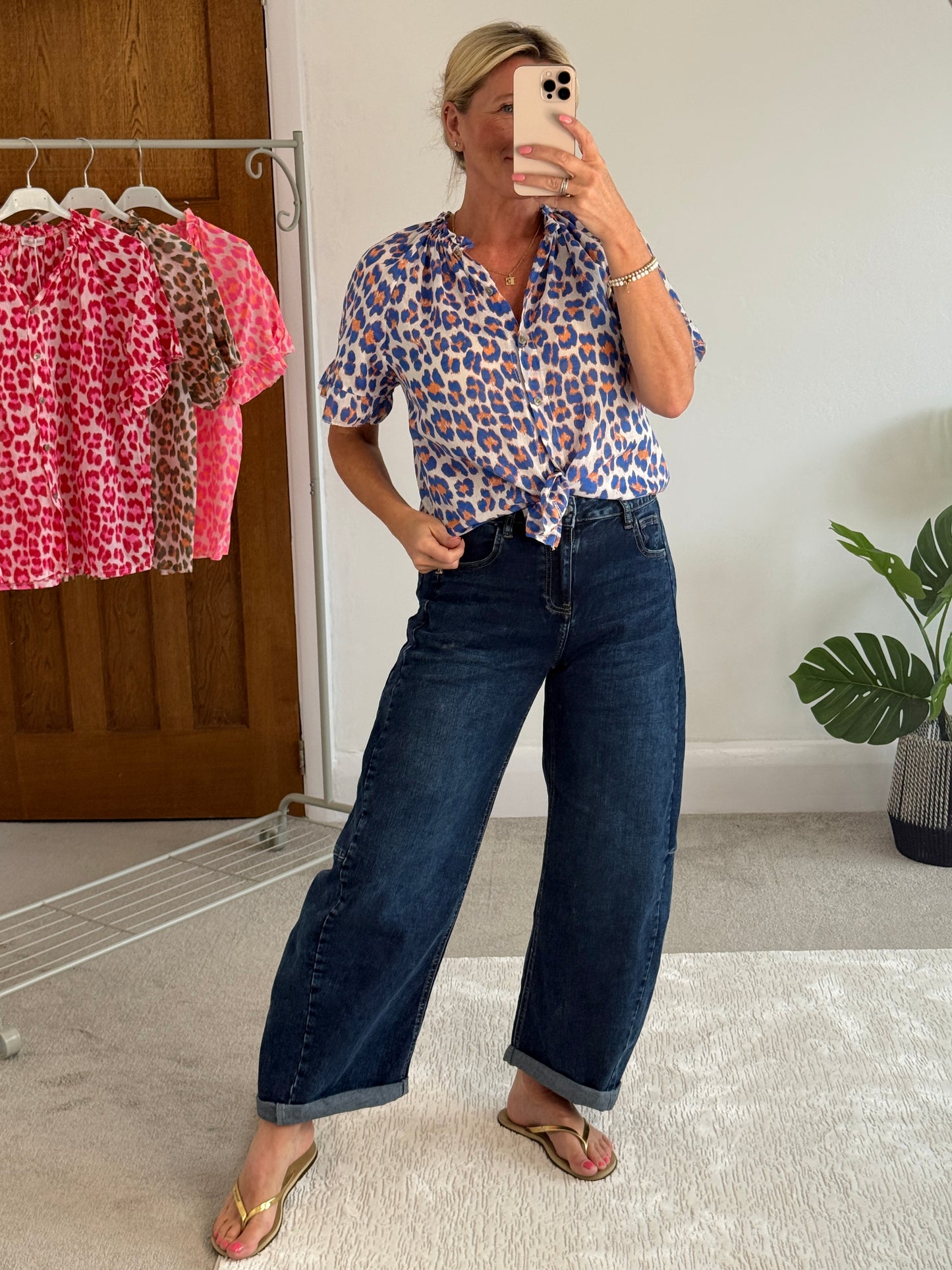 Cobalt/Orange Leopard Frill Sleeve Blouse