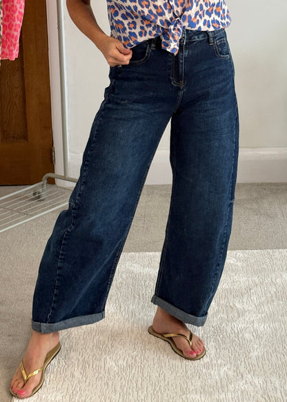 Dark Denim Barrel Leg Panel Jeans