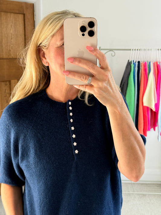 Navy Alpaca Mix Diamanté Button Jumper