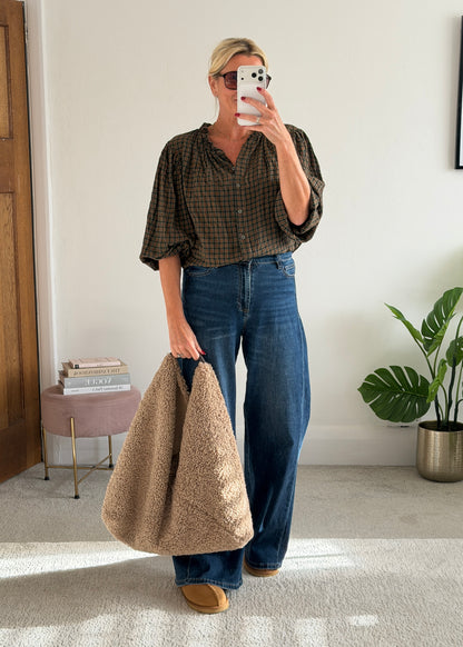 Khaki Heritage Check Frill Collar Blouse
