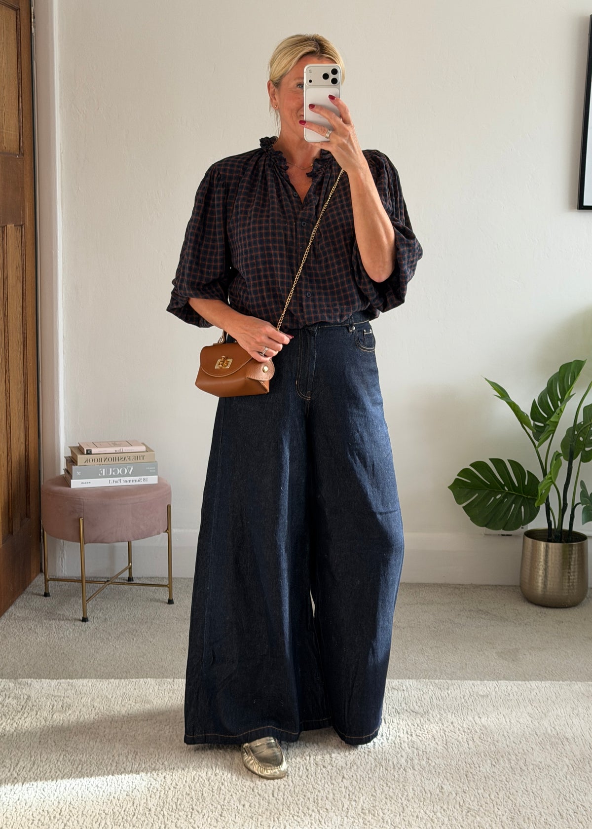 Navy Heritage Check Frill Collar Blouse