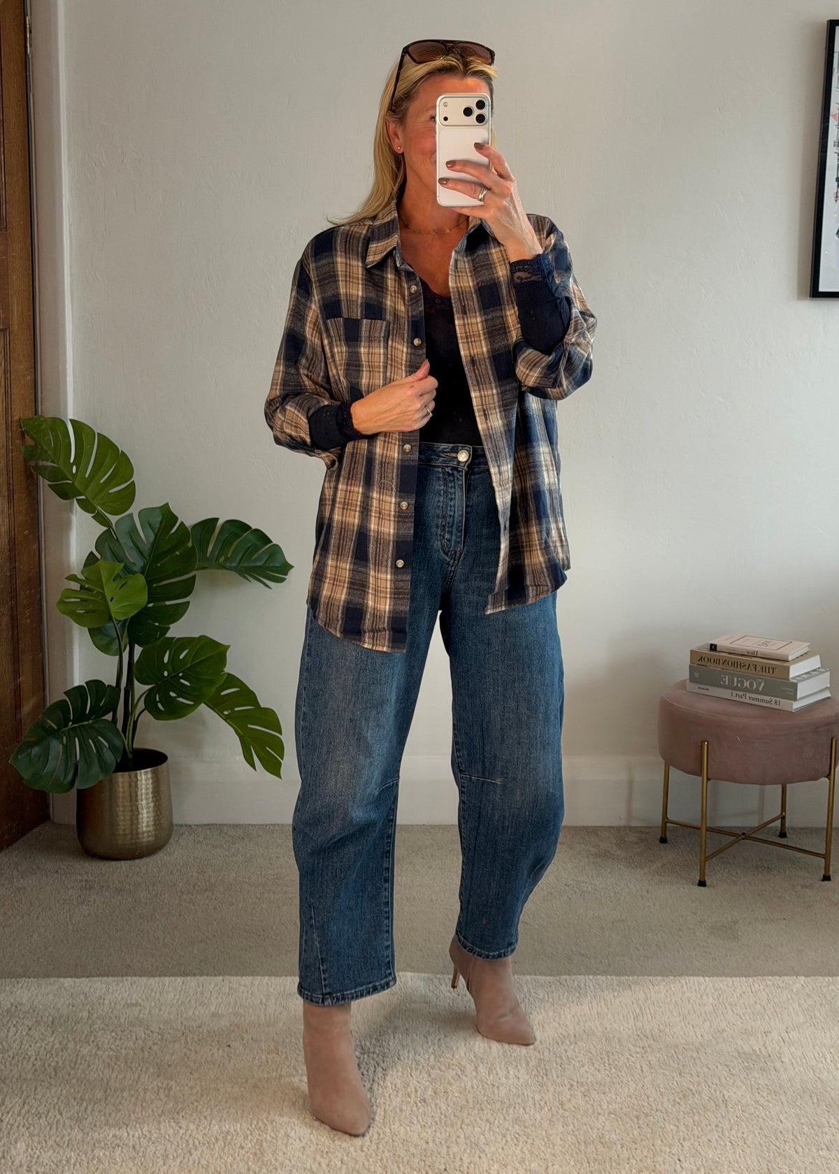 Navy Check Brushed Cotton Blend Shirt