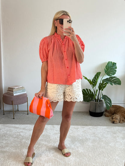 Coral Gingham Puff Sleeve Blouse