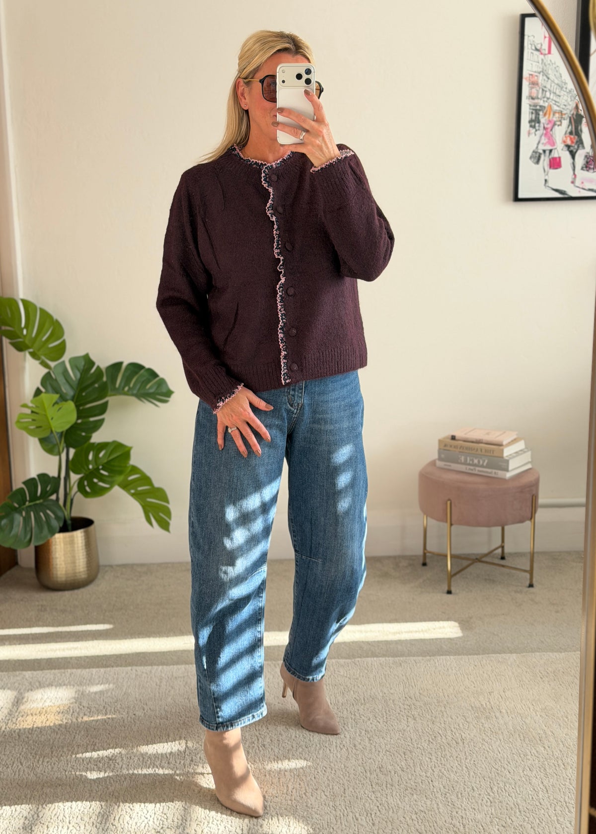 Plum/Pink Floral Frill Trim Cardigan