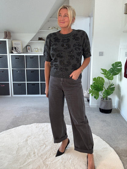 Dk Grey Sequin Animal S/S Jumper