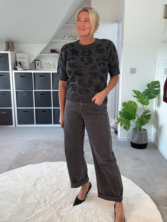 Dk Grey Sequin Animal S/S Jumper