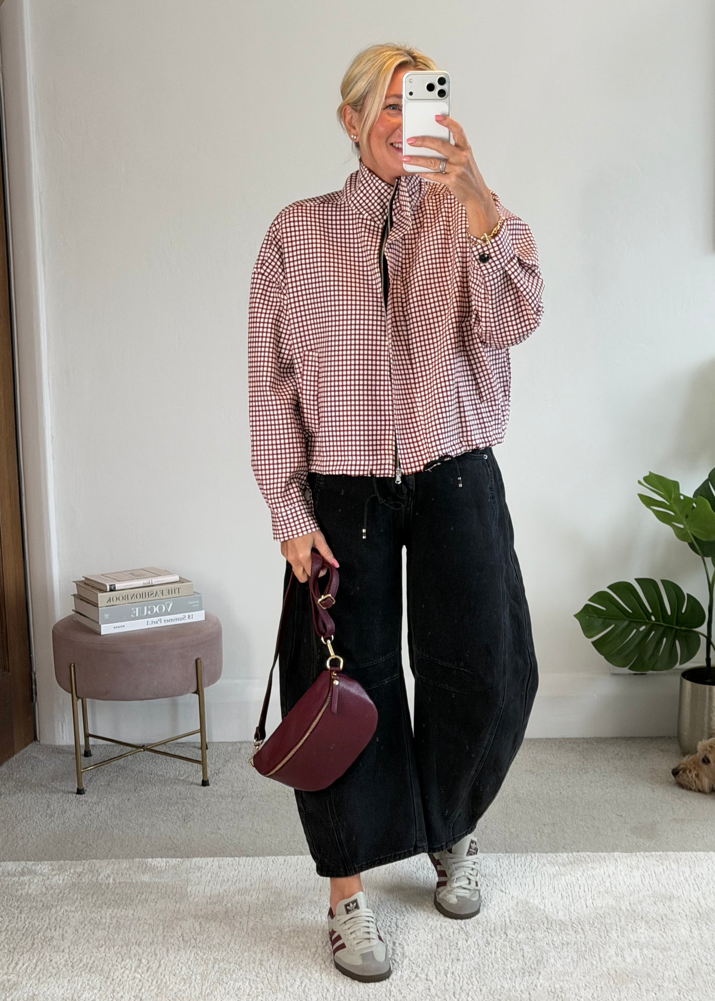 Burgundy Check Funnel Neck Jacket
