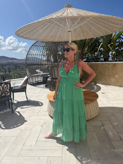 Kelly Green Tie Strap Tiered Maxi Dress