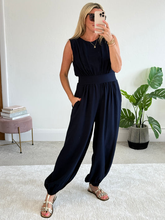 Navy Elasticated Sleeveless Harem Jumpsuit