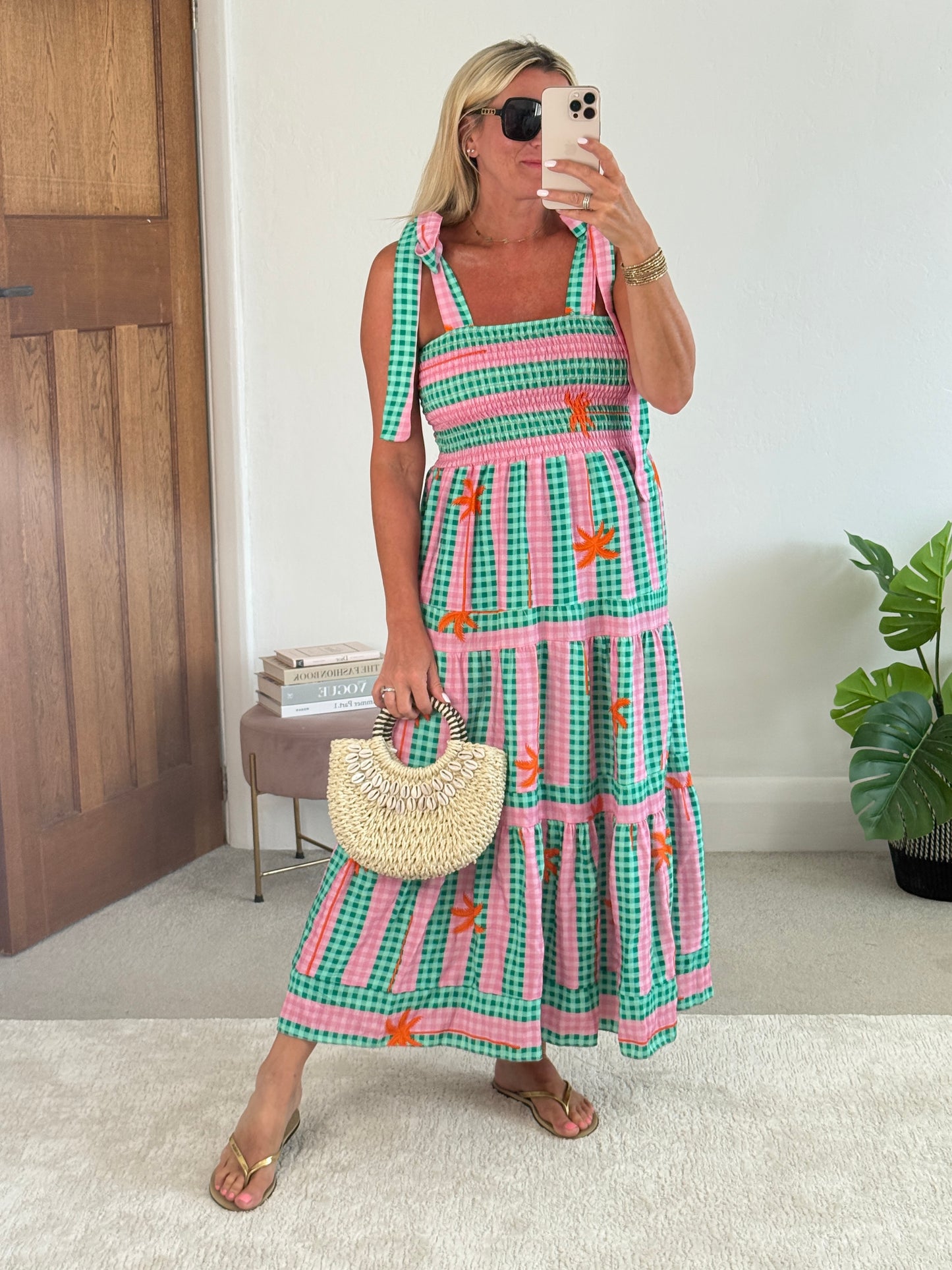 Green/Pink Gingham/Palm Shirred Maxi Dress
