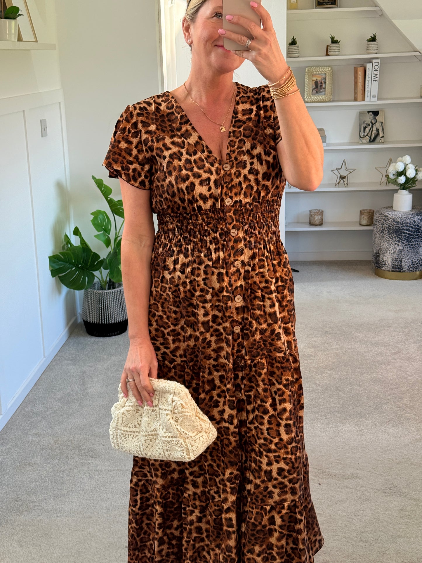Tan Leopard V Neck Tiered Maxi Dress