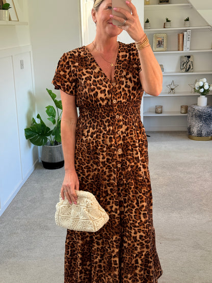 Tan Leopard V Neck Tiered Maxi Dress
