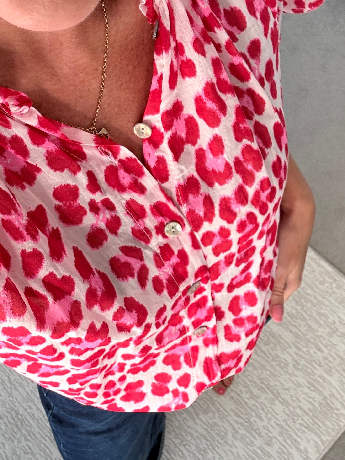 Red/Pink Leopard Frill Sleeve Blouse