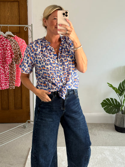 Cobalt/Orange Leopard Frill Sleeve Blouse