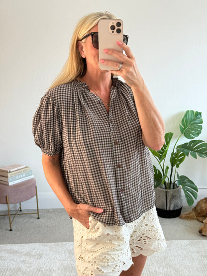 Chocolate Gingham Frill Sleeve Blouse