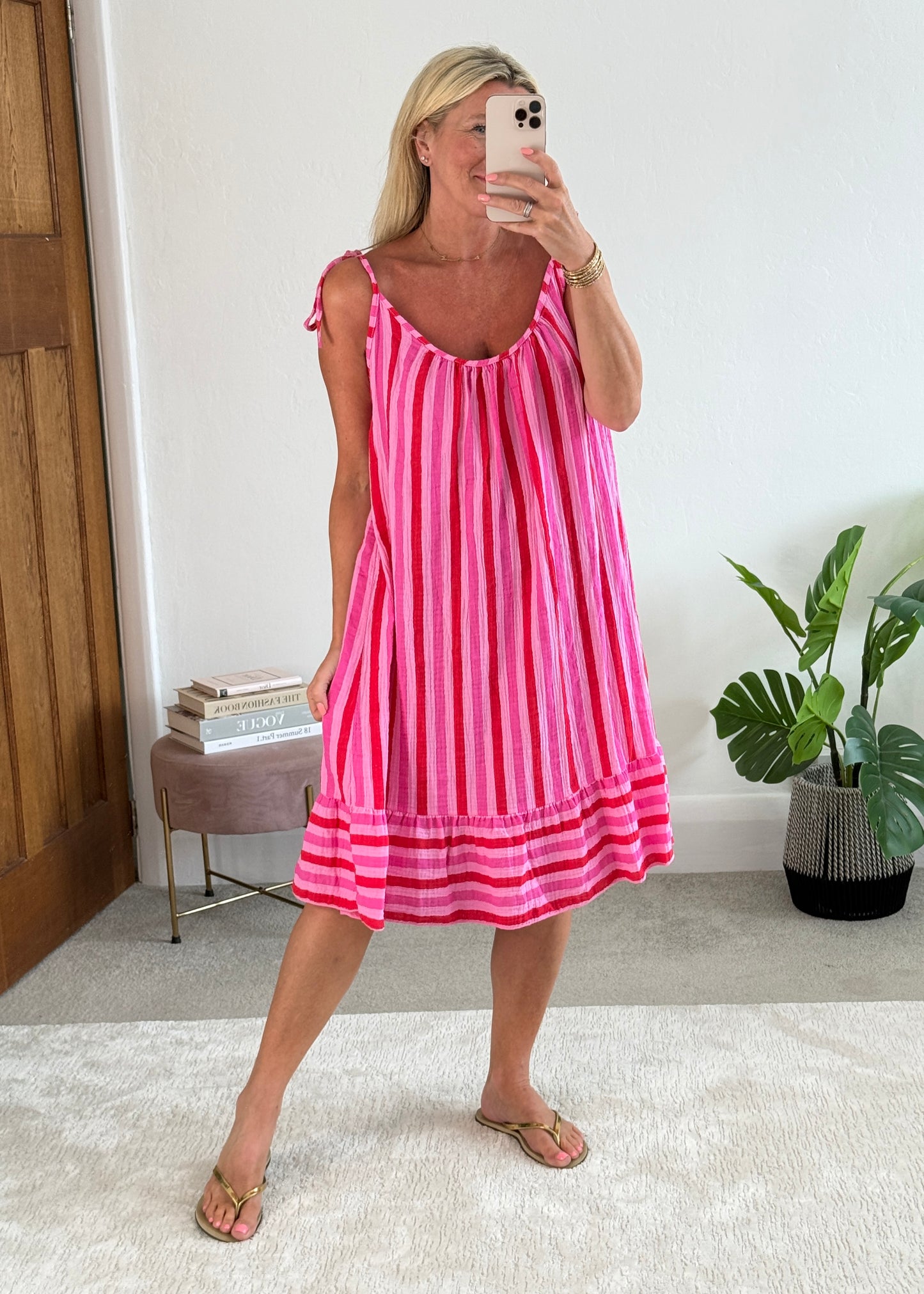 Red/Pink Cheesecloth Stripe Tie Shoulder Dress
