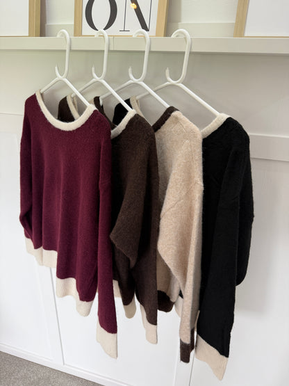 Chocolate/Cream Contrast Bow Back Jumper