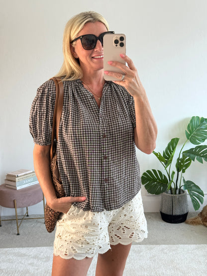 Chocolate Gingham Frill Sleeve Blouse