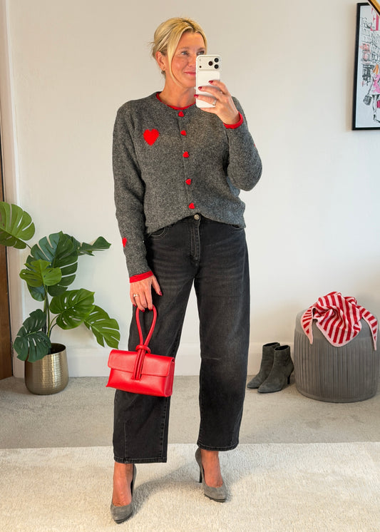 Grey/Red ❤️ Heart Button Cardigan
