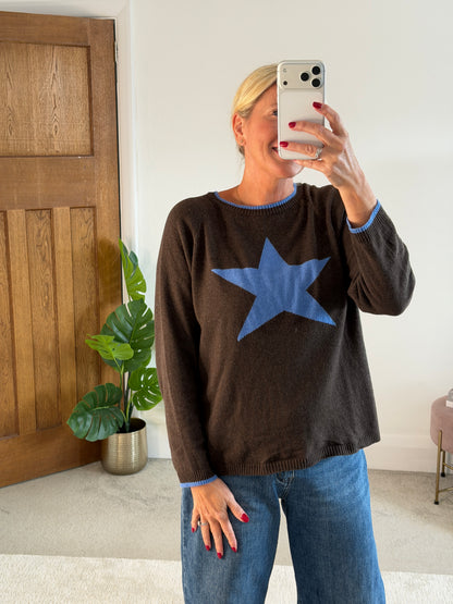 Chocolate/Cornflower Cashmere Mix Star Jumper
