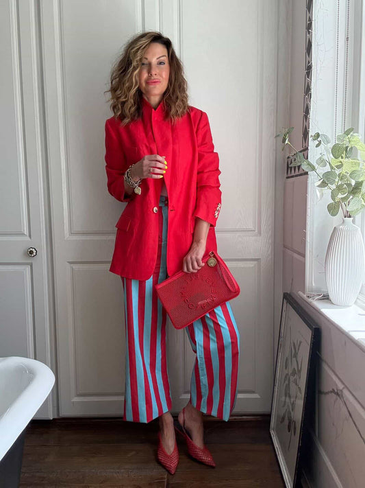 Red/Turquoise Blue Stripe Trousers
