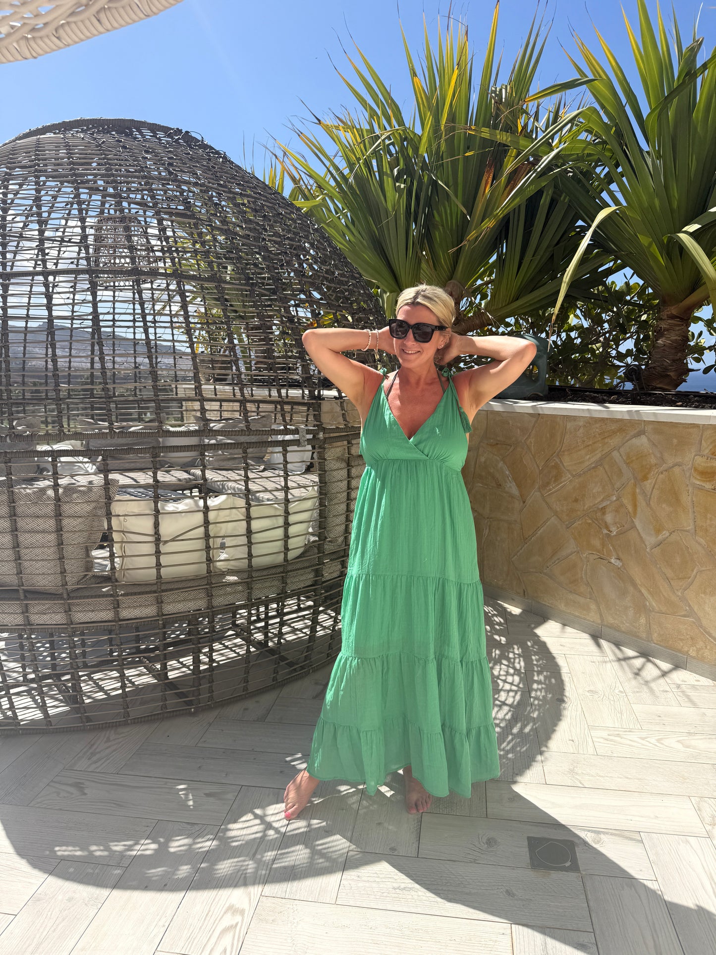 Kelly Green Tie Strap Tiered Maxi Dress