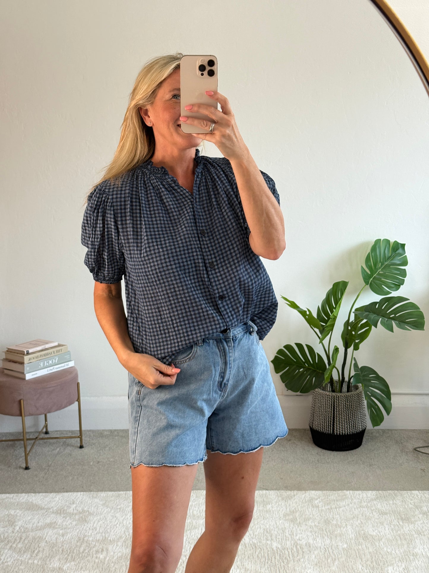 Navy Gingham Frill Sleeve Blouse
