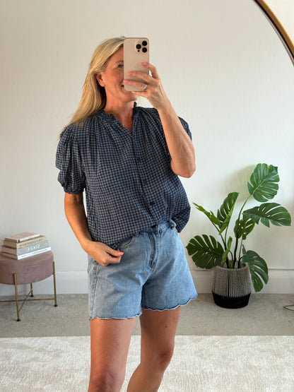 Navy Gingham Frill Sleeve Blouse
