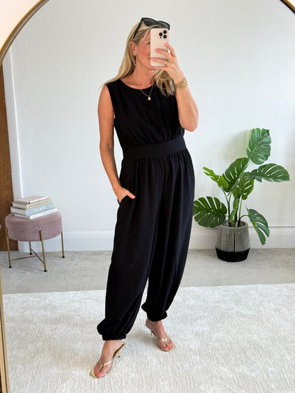 Black Elasticated Sleeveless Harem Jumpsuit