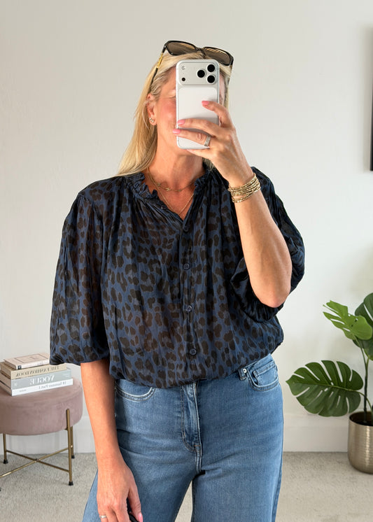 Navy Leopard 3/4 Puff Sleeve Blouse