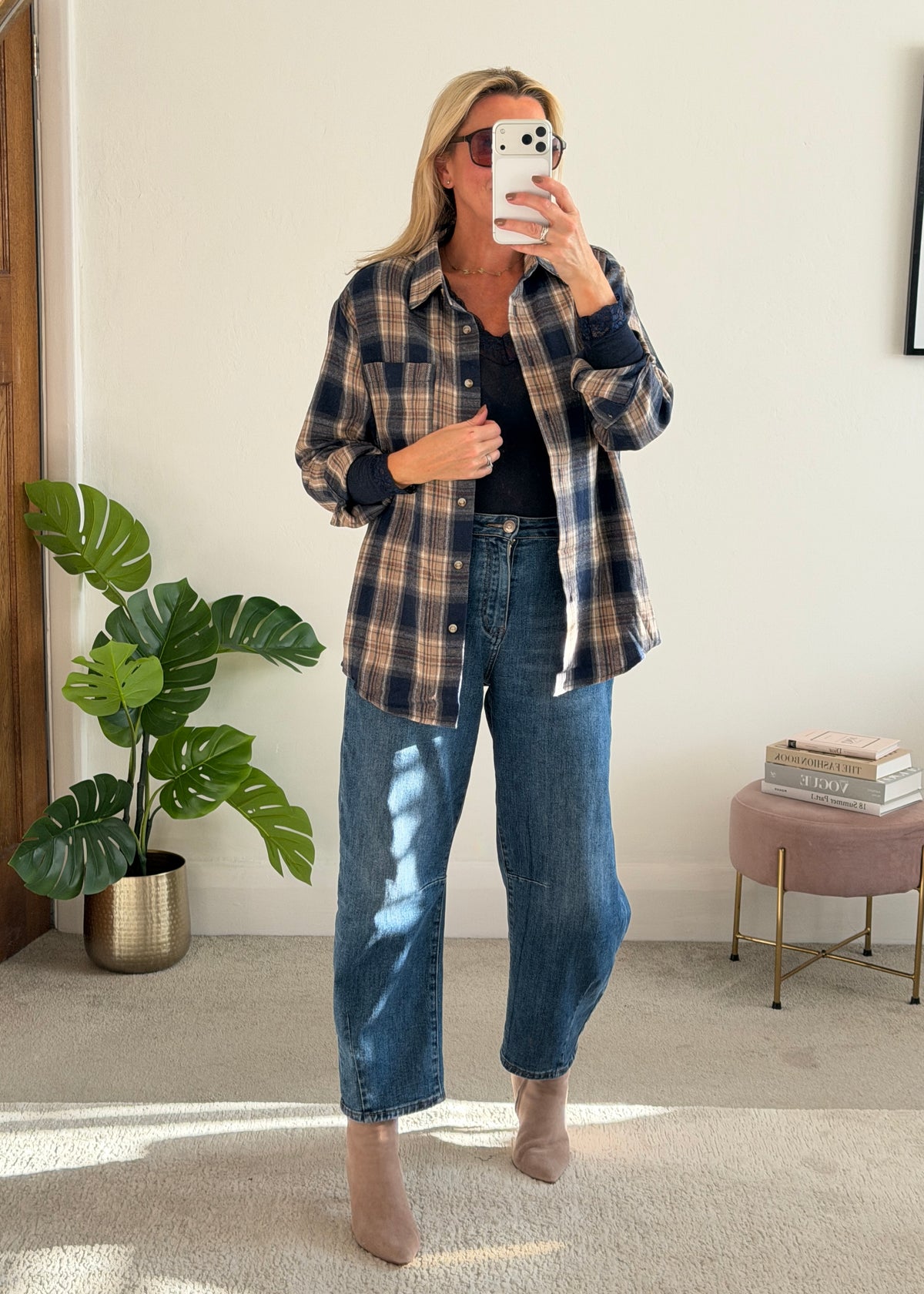 Navy Check Brushed Cotton Blend Shirt