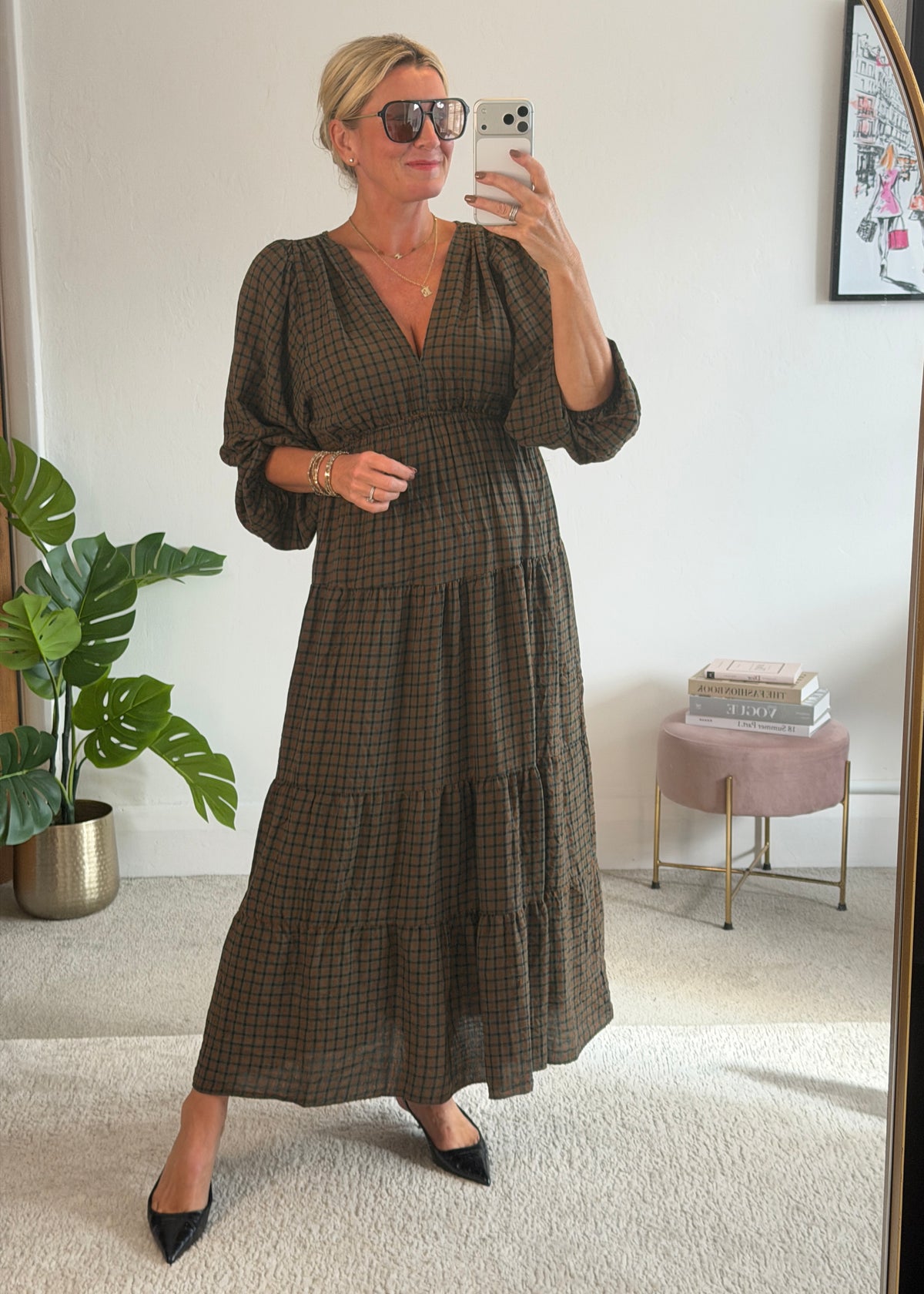 Khaki Heritage Check V-Neck Tiered Dress
