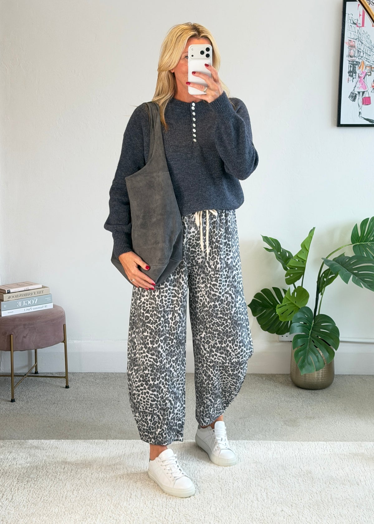 Grey Leopard Barrel Joggers