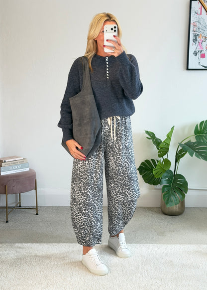 Grey Leopard Barrel Joggers