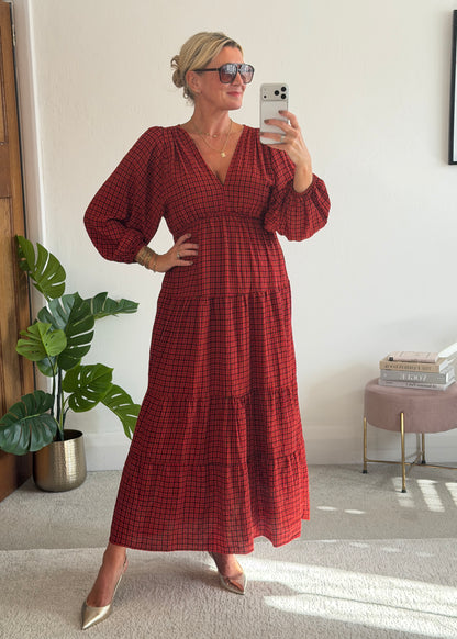 Red Heritage Check V-Neck Tiered Dress