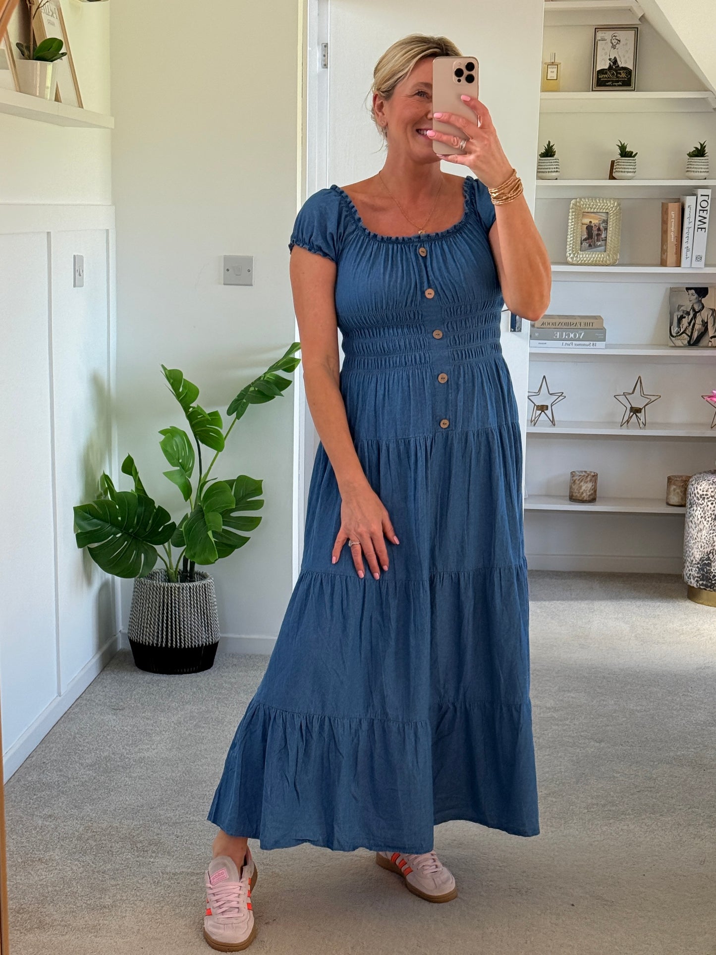 Blue Denim Bardot Tiered Maxi Dress