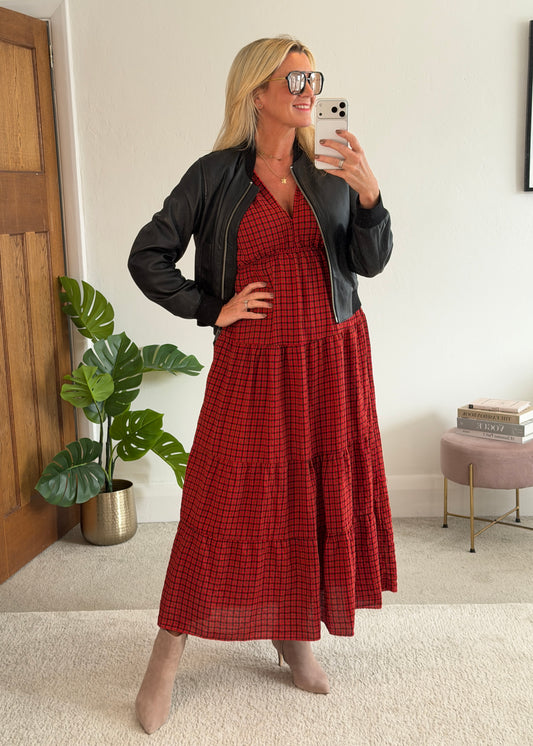 Red Heritage Check V-Neck Tiered Dress
