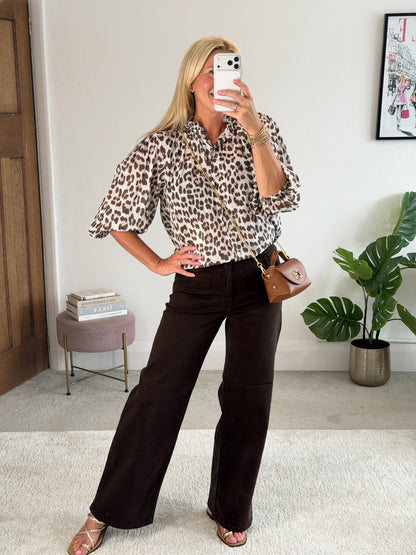 Beige Leopard 3/4 Puff Sleeve Blouse