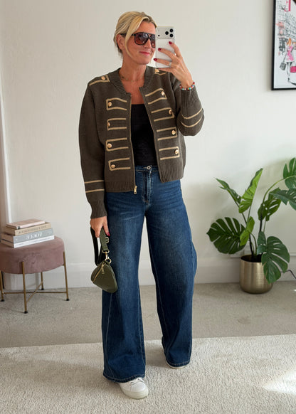 Khaki Military Zip Front Knitted Cardi