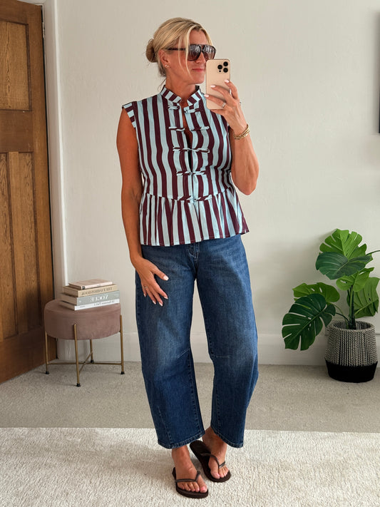 Blue/Plum Mandarin Collar Stripe Peplum Top