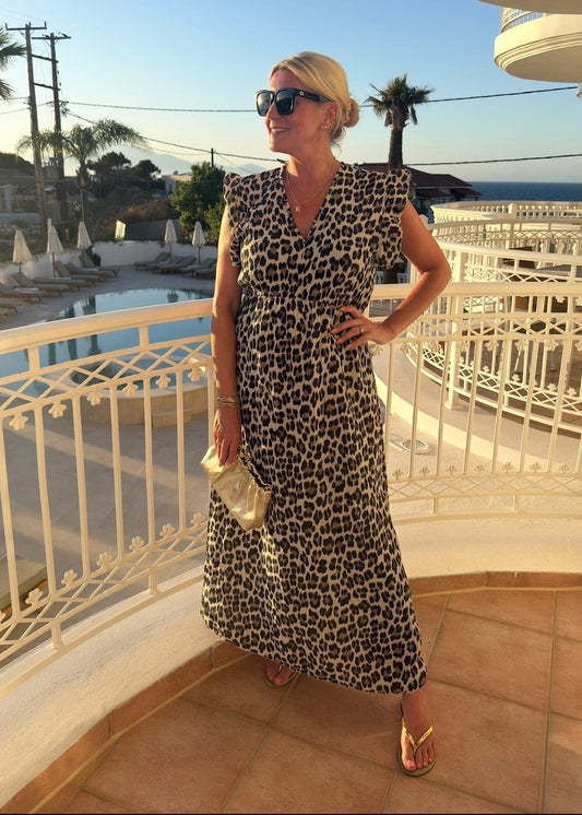 Cream Leopard Print Frill Sleeve Maxi Dress